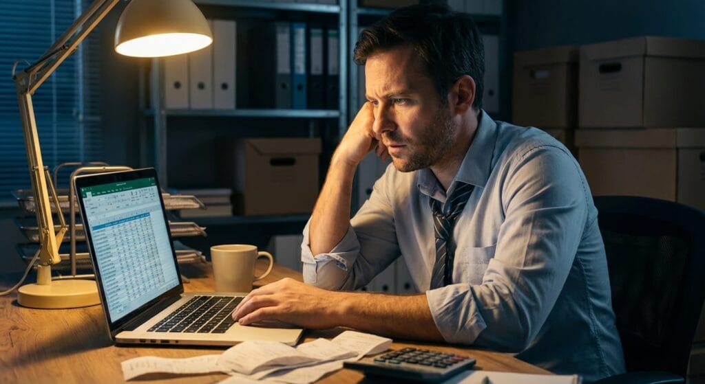 Small business owner reviewing profit and loss statement on laptop at desk after hours with warm lighting