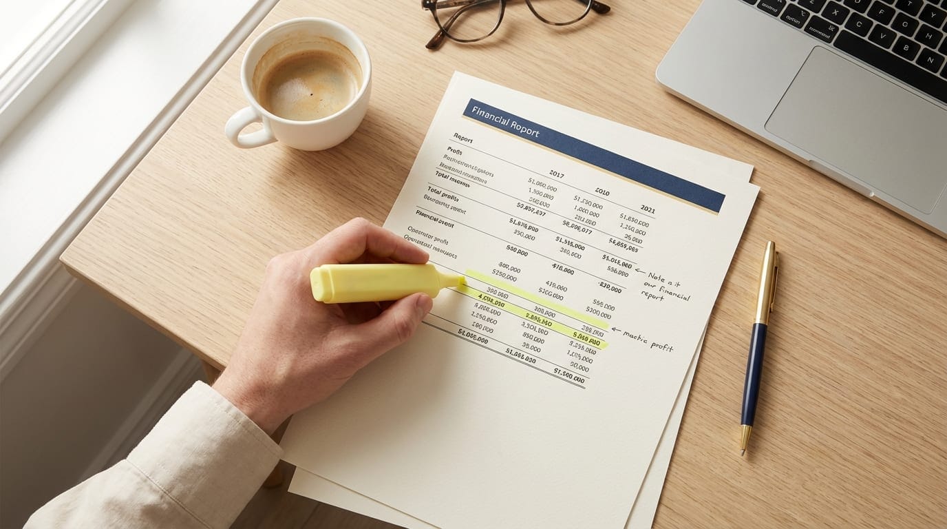 Financial report on desk with highlighted profit figures, coffee cup, and pen showing hands-on P&L review