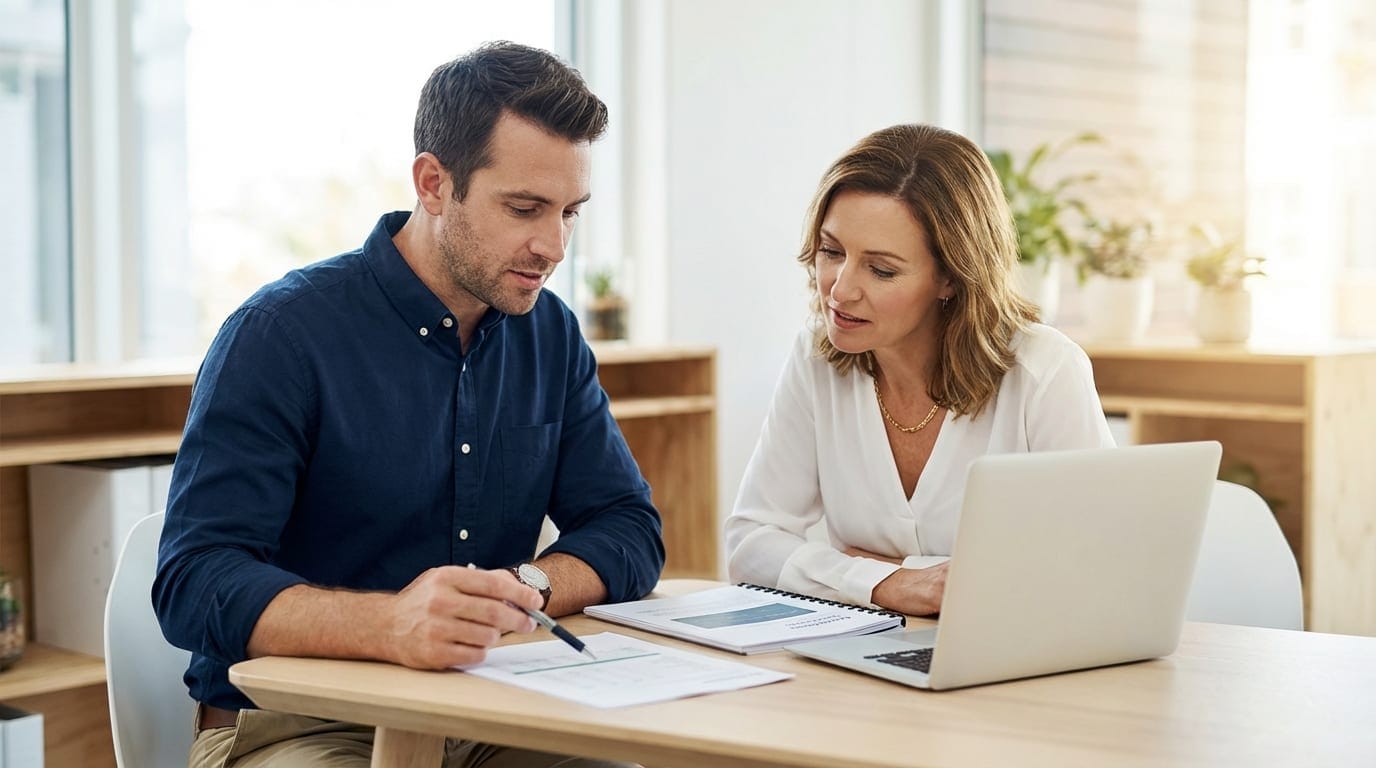 Financial advisor and small business owner reviewing profit and loss metrics together in a bright office