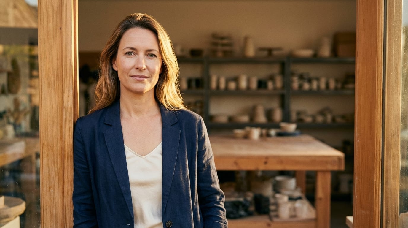 Confident small business owner standing in her shop doorway looking directly at camera with assured expression