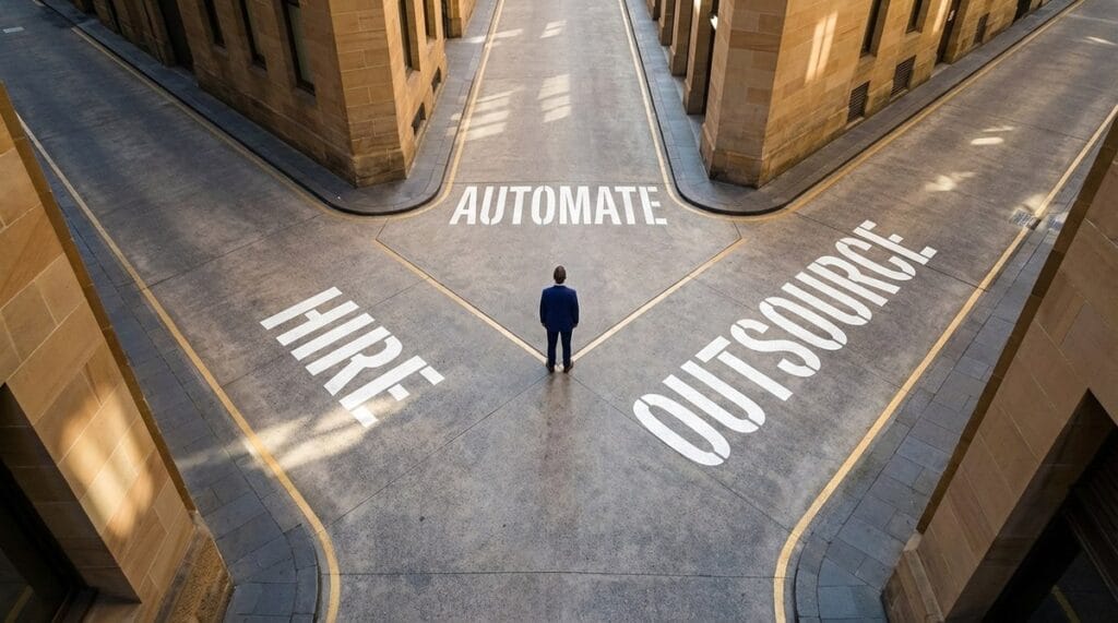 Aerial view of a Sydney laneway intersection with three equal paths radiating outward, labelled Hire, Outsource, and Automate in bold road stencil lettering, with a single person standing at the centre decision point