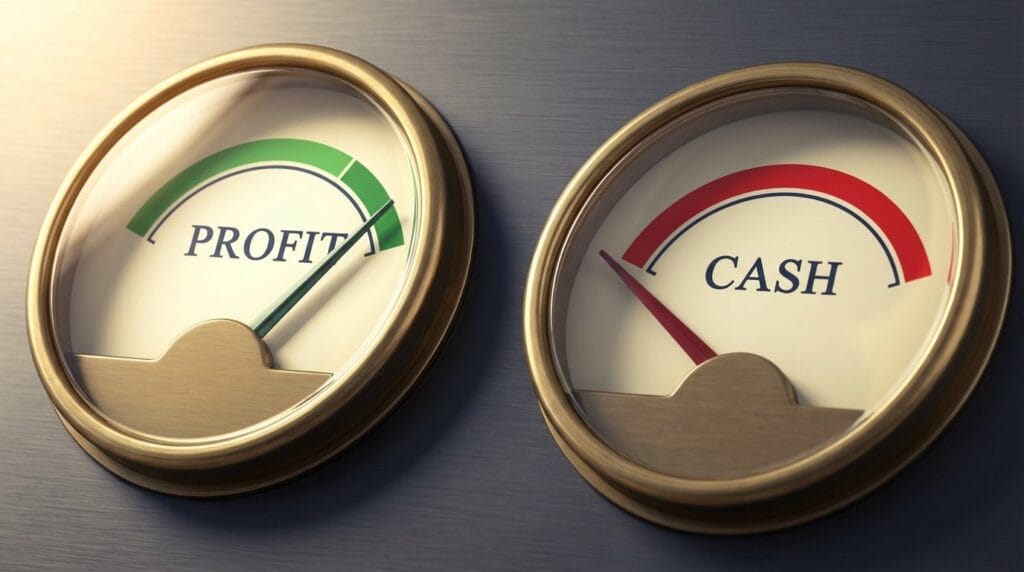 Two vintage analogue gauges side by side on brushed steel panel, left gauge labelled Profit with needle in green zone, right gauge labelled Cash with needle in red zone