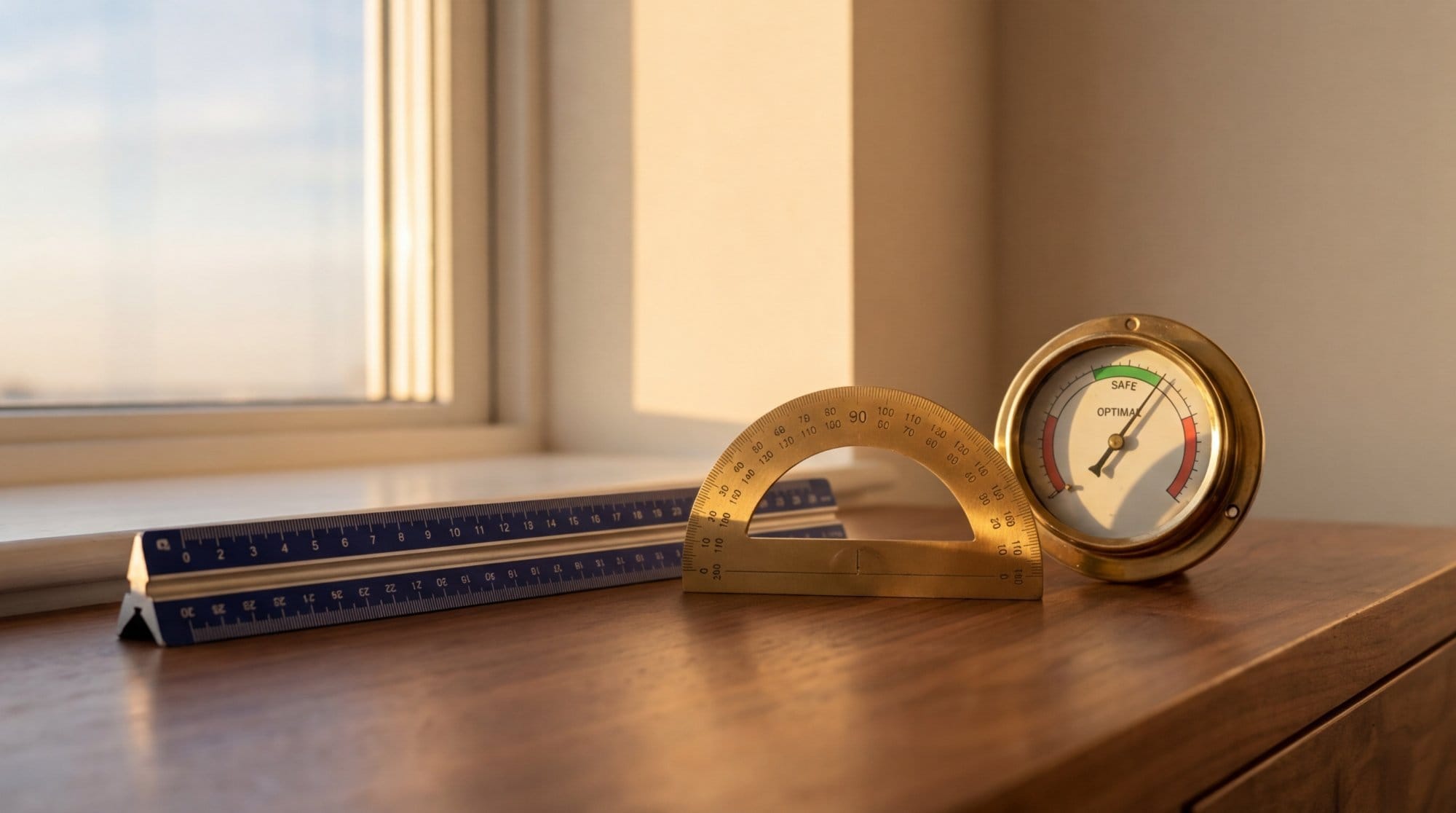 Precision measuring instruments including a navy ruler, brass protractor, and analogue gauge on a polished walnut surface at dawn