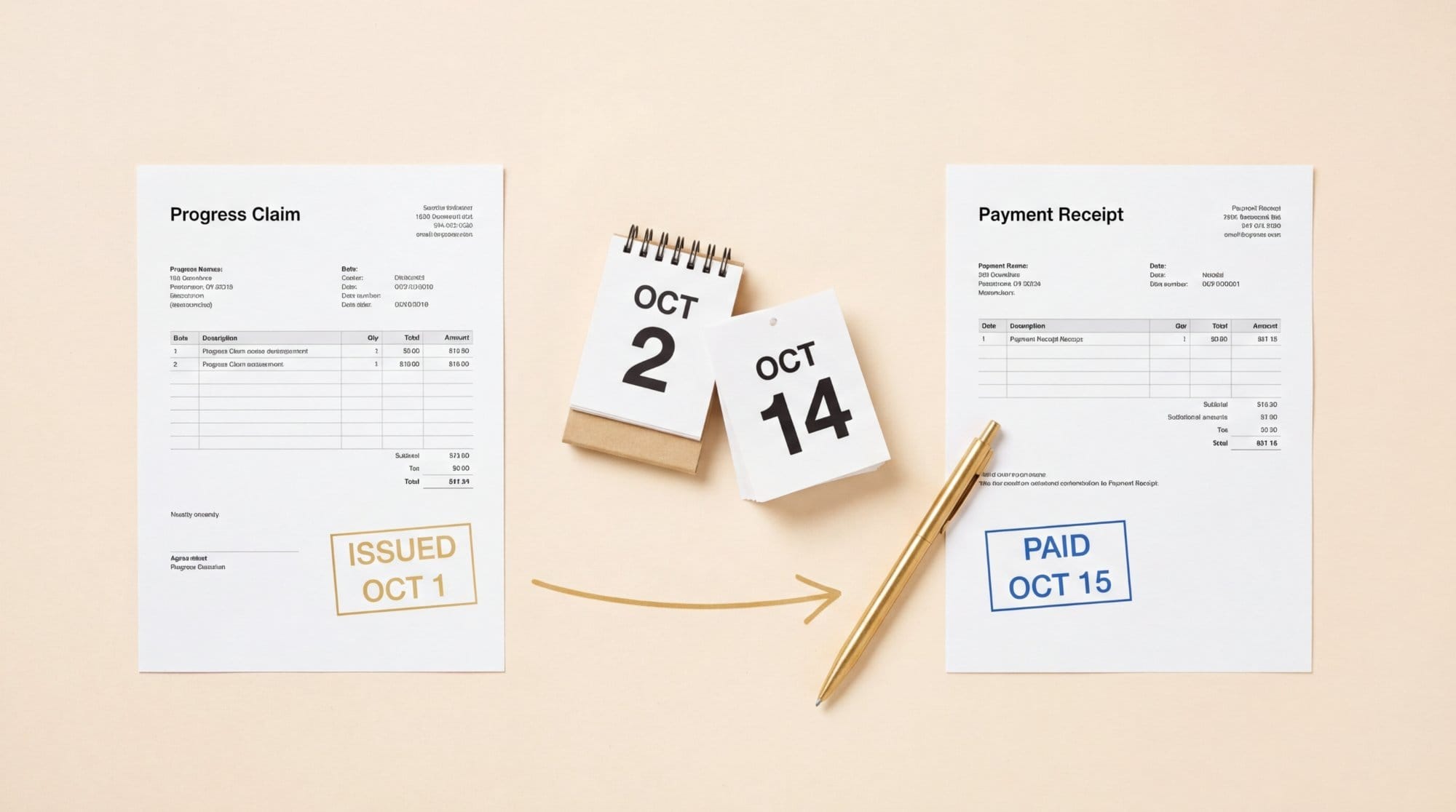 Visual cash flow timeline showing a progress claim issued on October 2 and payment received on October 15, with calendar pages in between