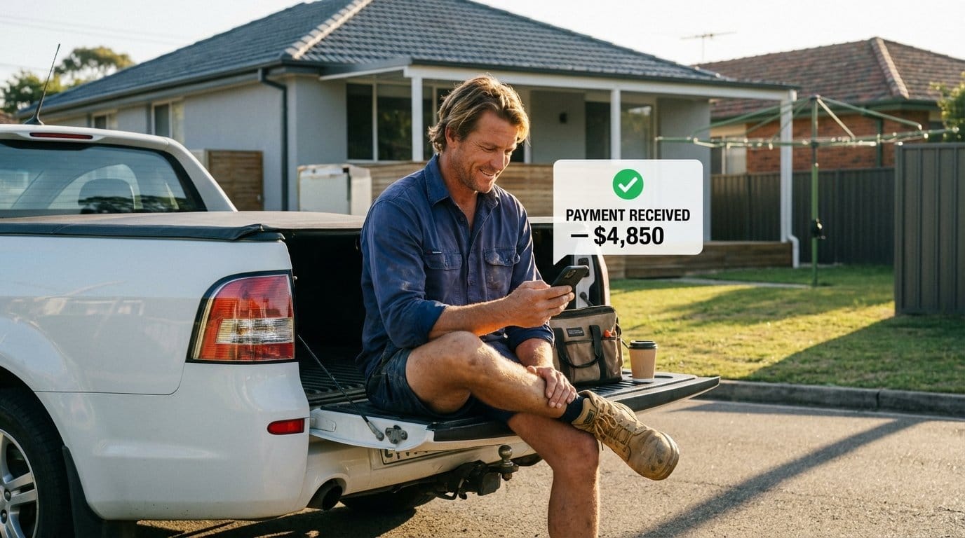 Australian tradie sitting on ute tailgate at golden hour checking phone showing payment received notification for $4,850