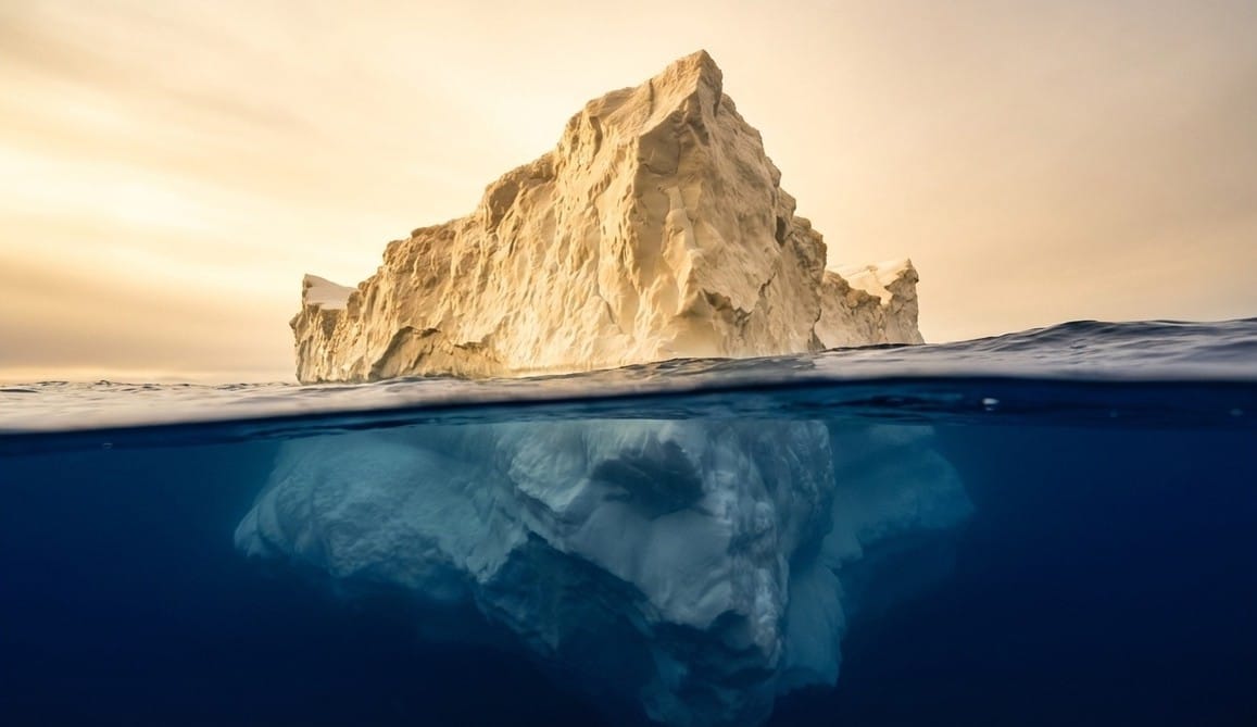 Iceberg photographed above and below the waterline, with a small visible tip above the surface and a vast submerged mass beneath, representing the hidden true cost of hiring an employee in Australia