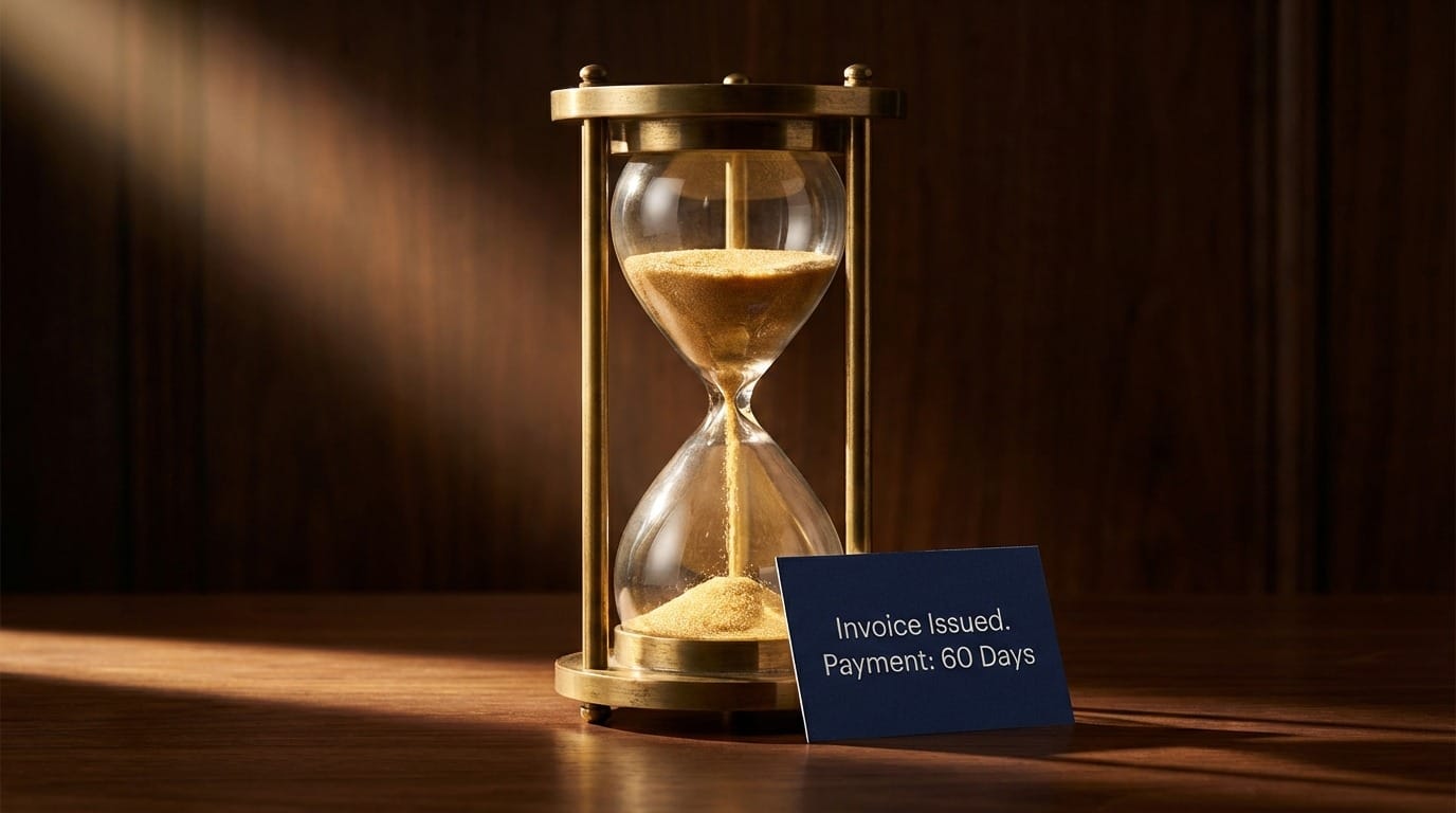 Single brass hourglass with sand falling mid-flow on dark walnut surface, navy card beside it reading Invoice Issued Payment 60 Days, warm directional light