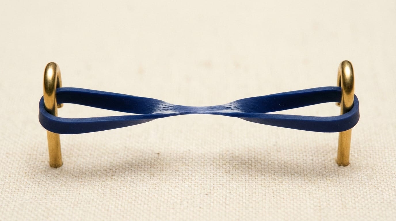 Navy rubber band stretched taut between two brass hooks on cream linen surface, band thinning at centre near breaking point, soft overhead light