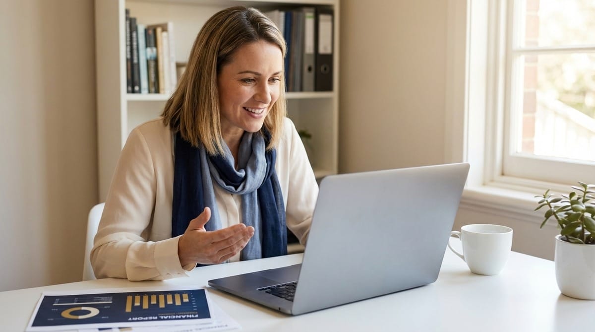 Female bookkeeper on a video call representing an outsourced bookkeeping relationship for a small business