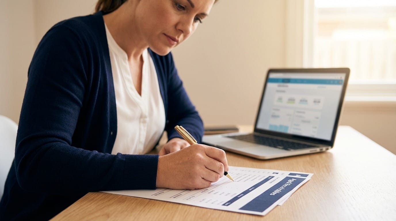Female business owner leaning forward at timber desk marking line on printed Aged Receivables report with gold pen, Xero dashboard softly visible on laptop in background