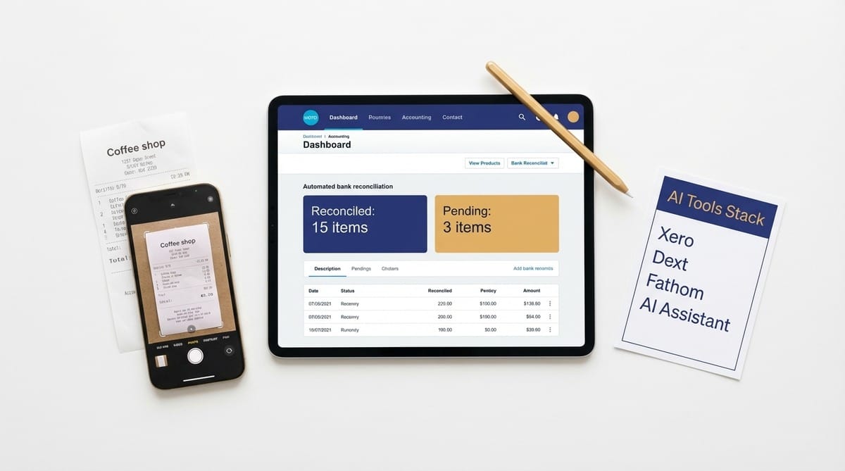 Flat lay of a tablet displaying an AI-powered accounting dashboard alongside a receipt capture app and AI tools list including Xero, Dext, Fathom, and AI Assistant