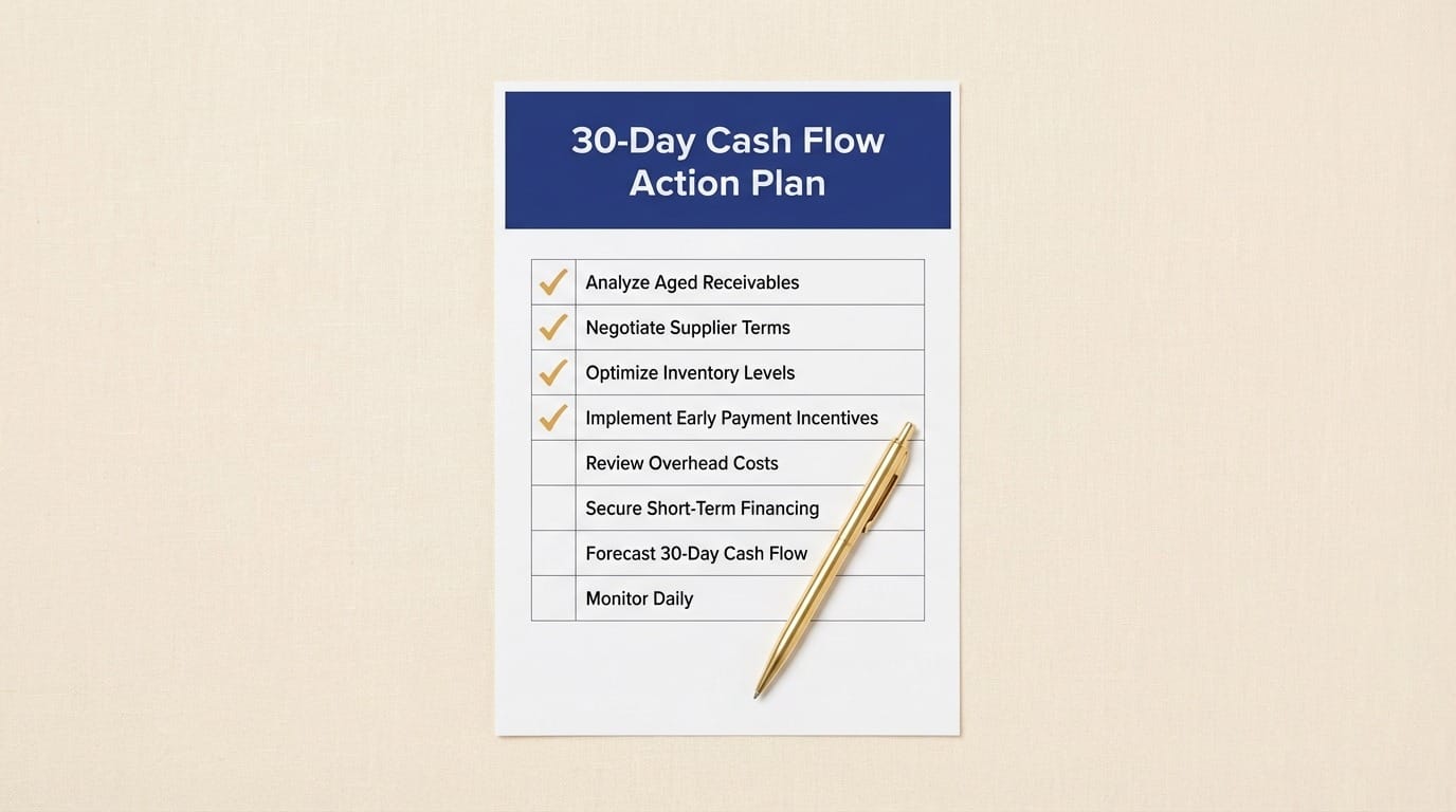 Overhead flat lay of printed 30-day cash flow action plan with four gold checkmarks ticked and four rows open, gold pen resting diagonally across lower half on cream linen surface