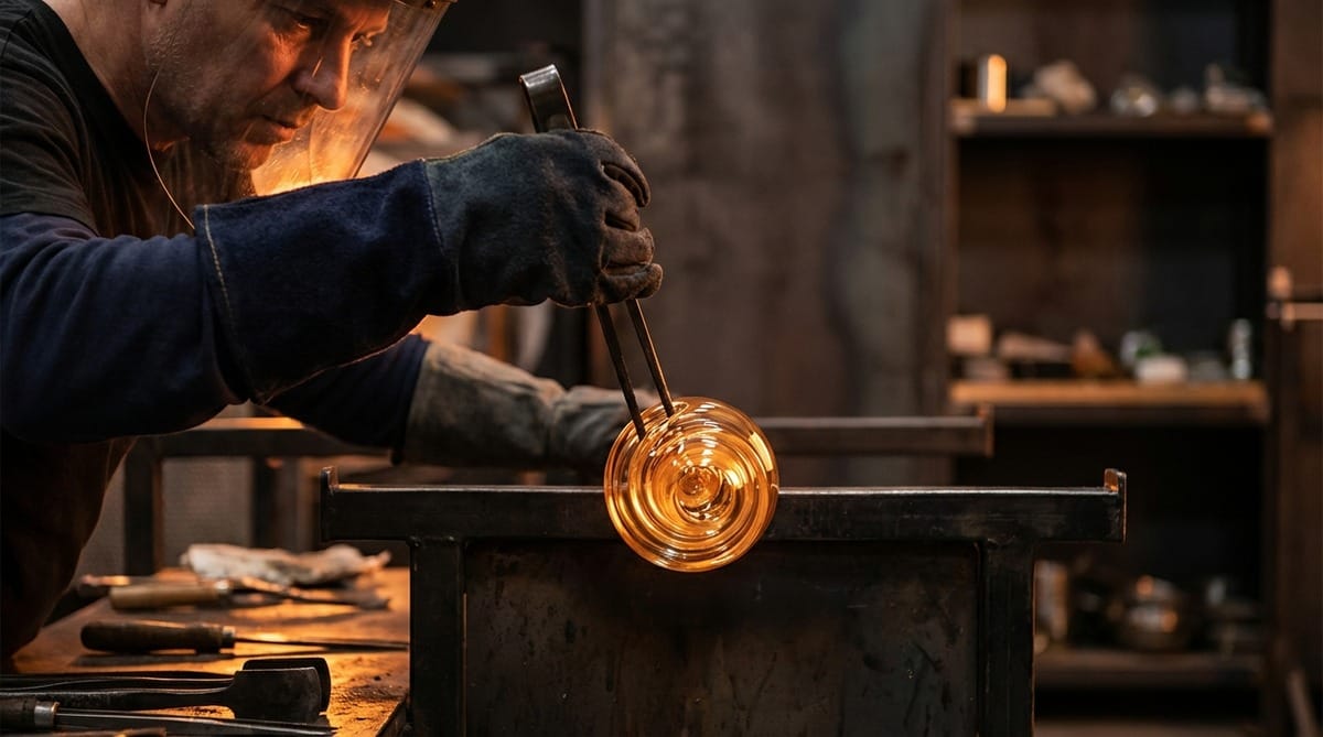 Skilled craftsperson shaping molten glass, representing human judgement guiding AI tools in the finance function