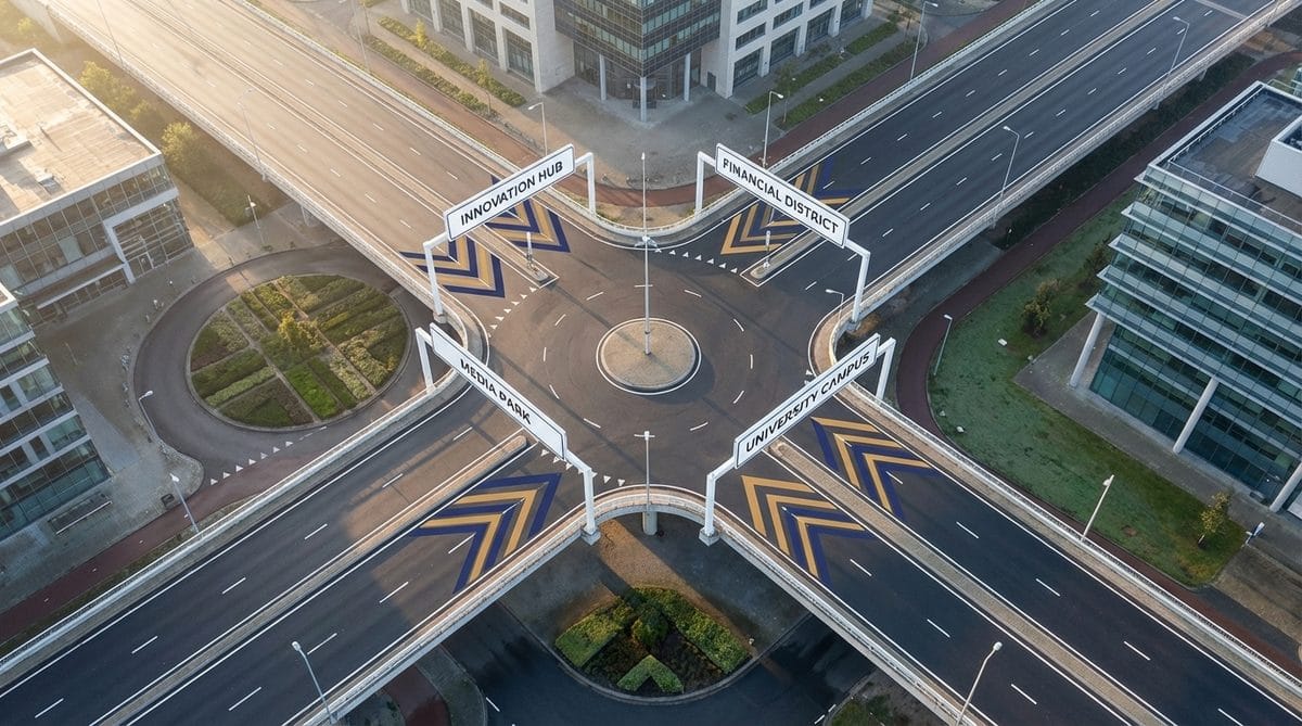 Aerial view of four diverging road lanes representing four distinct finance function resourcing options for growing businesses