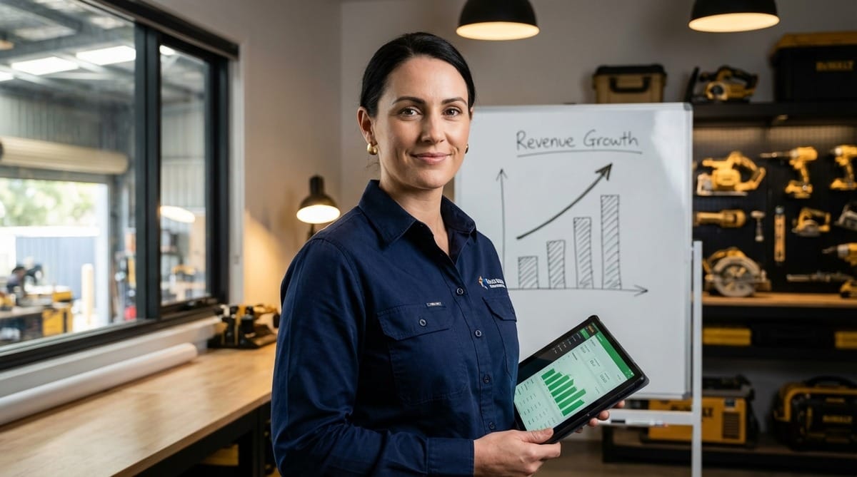 Female Australian trades business owner reviewing a financial dashboard on a tablet in her workshop office