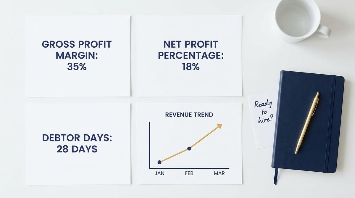 Overhead flat lay of four financial reports showing gross profit margin, net profit, debtor days, and three months of revenue growth with an upward gold trendline
