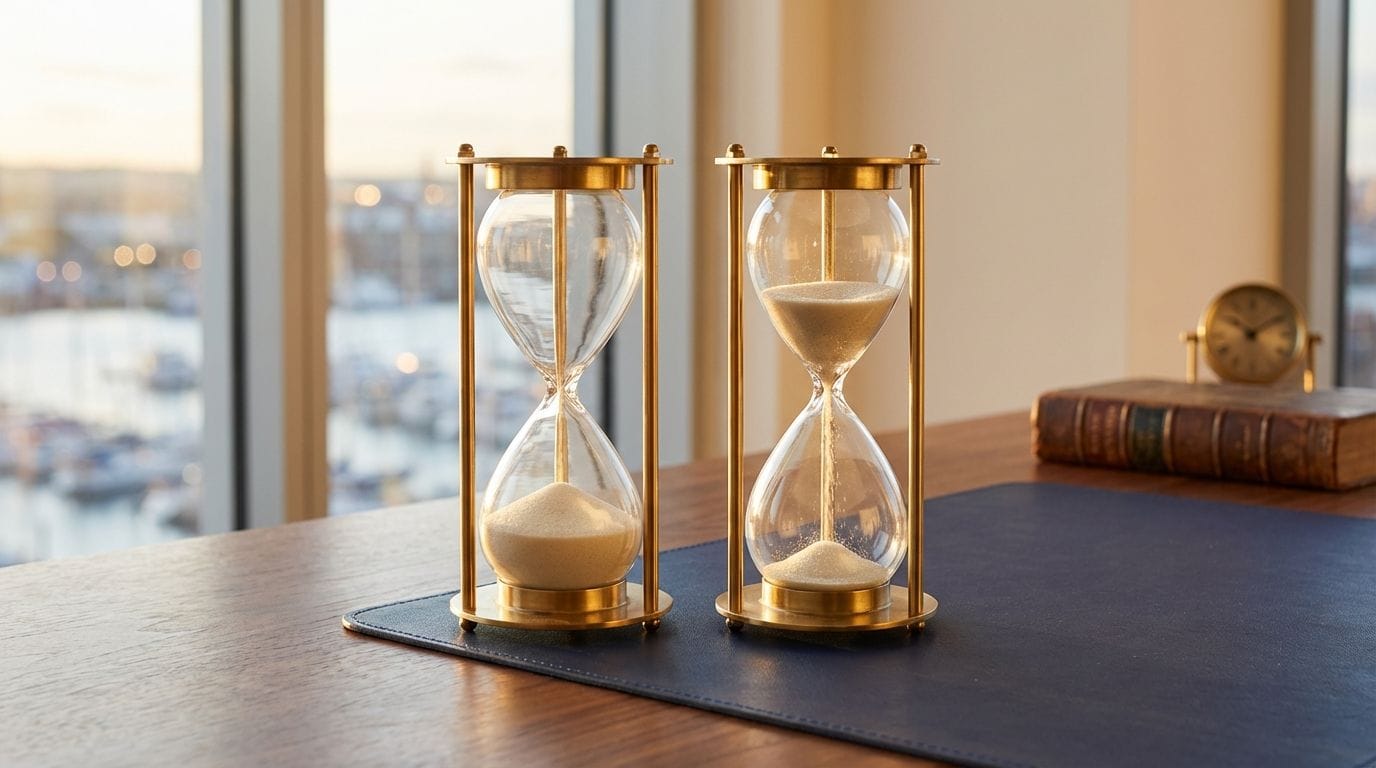 Two brass hourglasses side by side on walnut desk, one with sand pooled at bottom, one with sand actively flowing