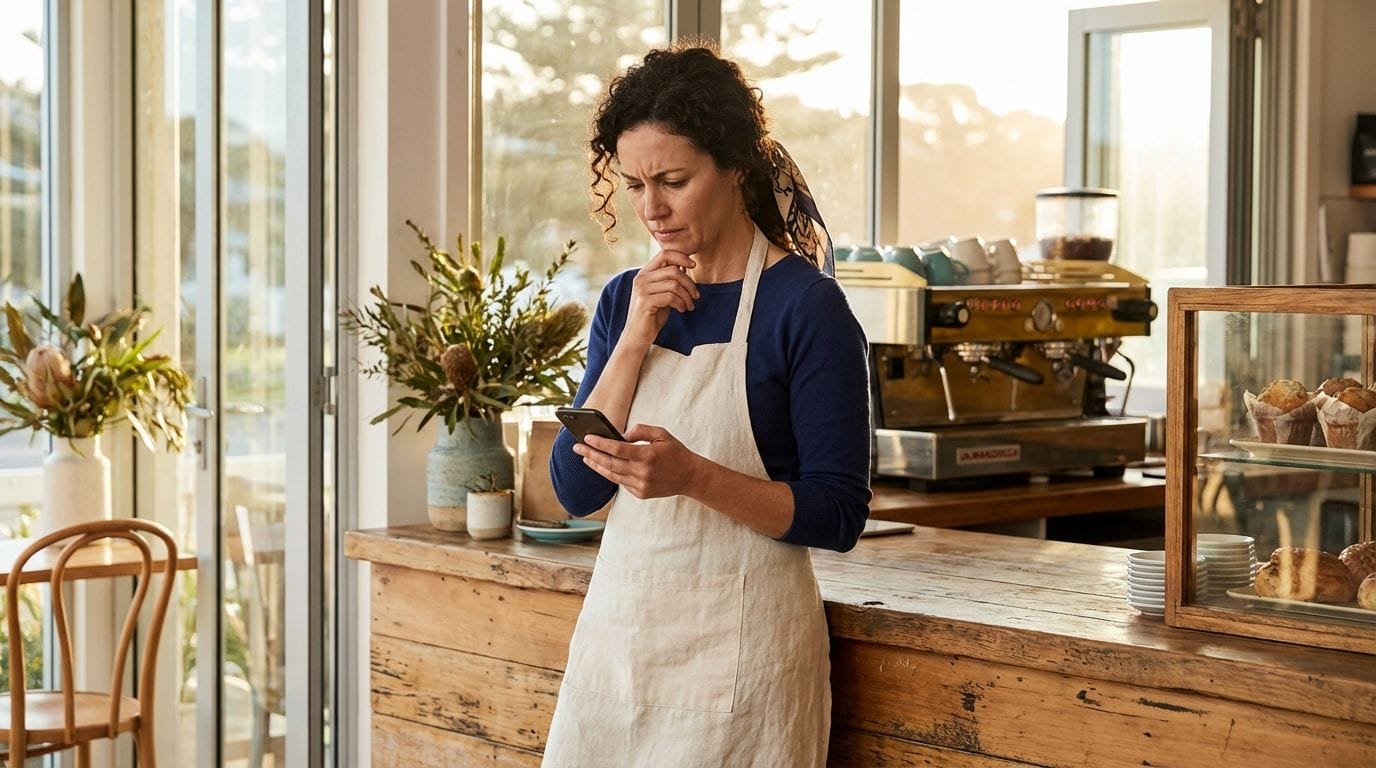 Female café owner standing behind counter checking smartphone with thoughtful expression in beachside café with morning light