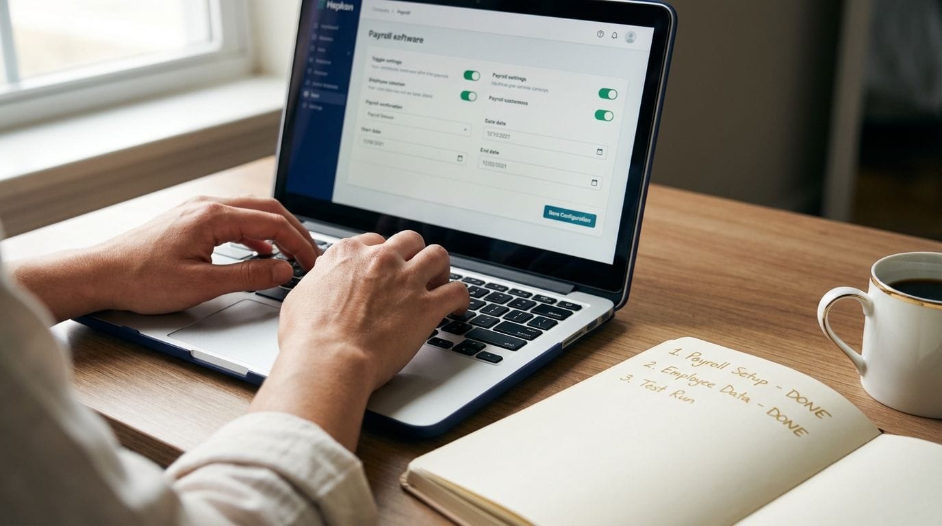 Business owner's hands typing on laptop keyboard with payroll software settings visible on screen and notebook with crossed-off to-do list beside