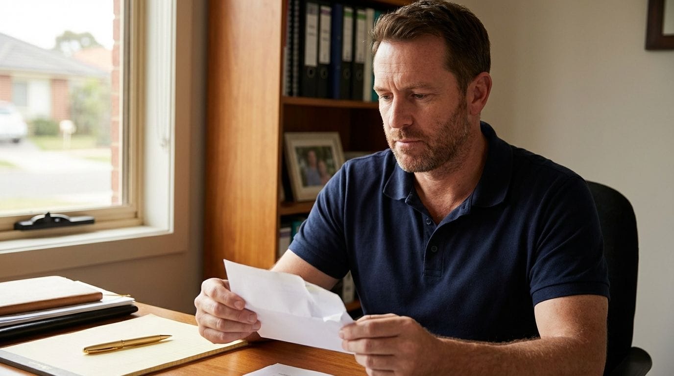 Male small business owner at desk pausing with partially opened official envelope, serious but composed expression