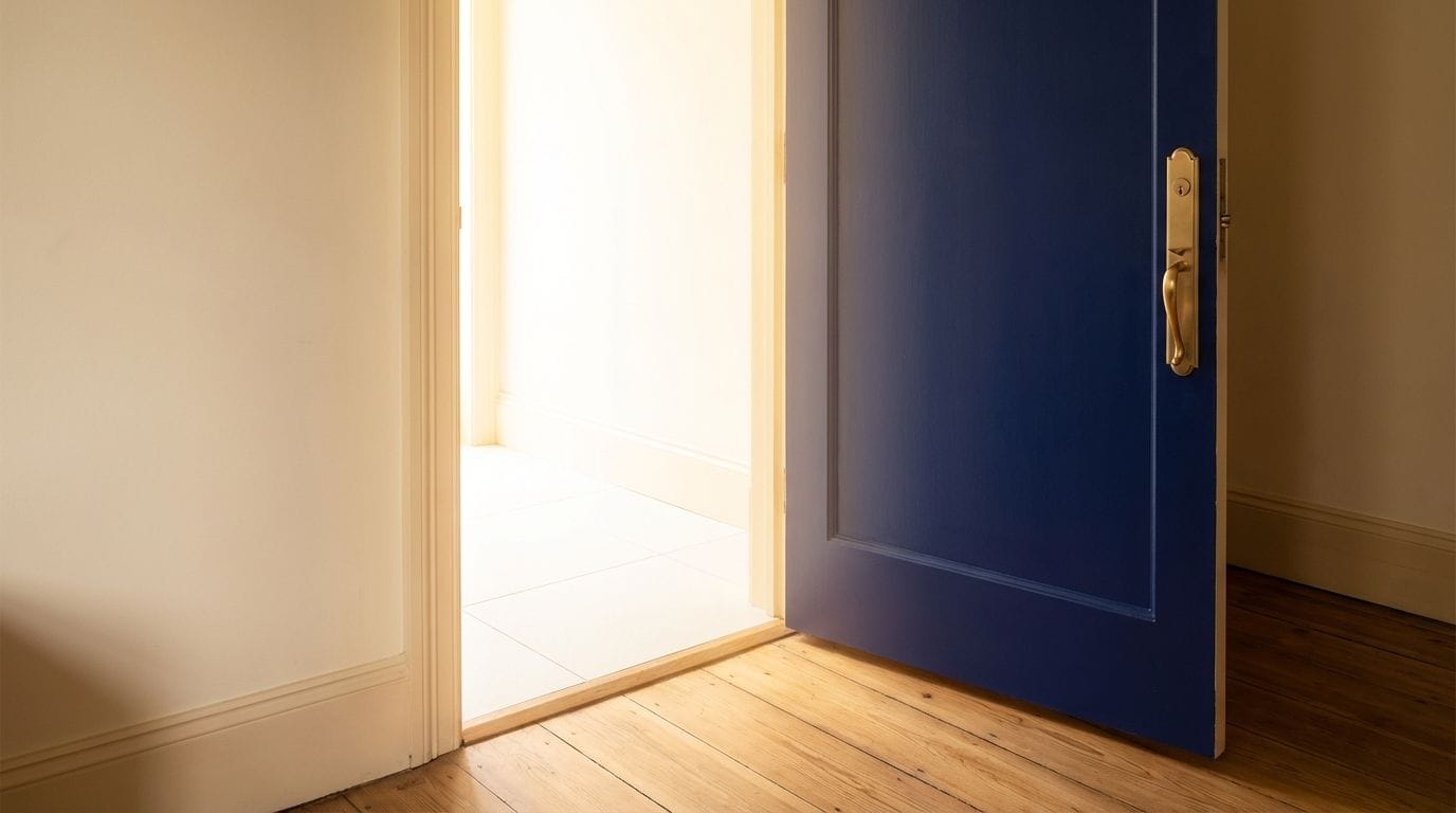 Open navy blue door with gold handle leading from shadowed room into bright light-filled space