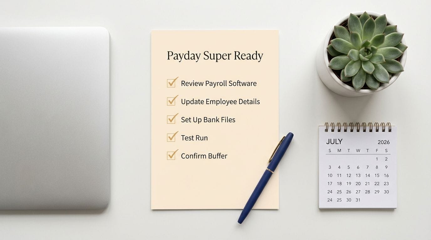 Overhead view of completed checklist with gold checkmarks on cream paper, navy pen, laptop, calendar showing July 2026, and succulent plant