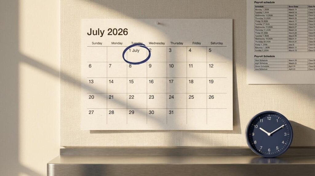 July 2026 calendar with 1 July circled in navy beside a payroll schedule and clock — payday super start date