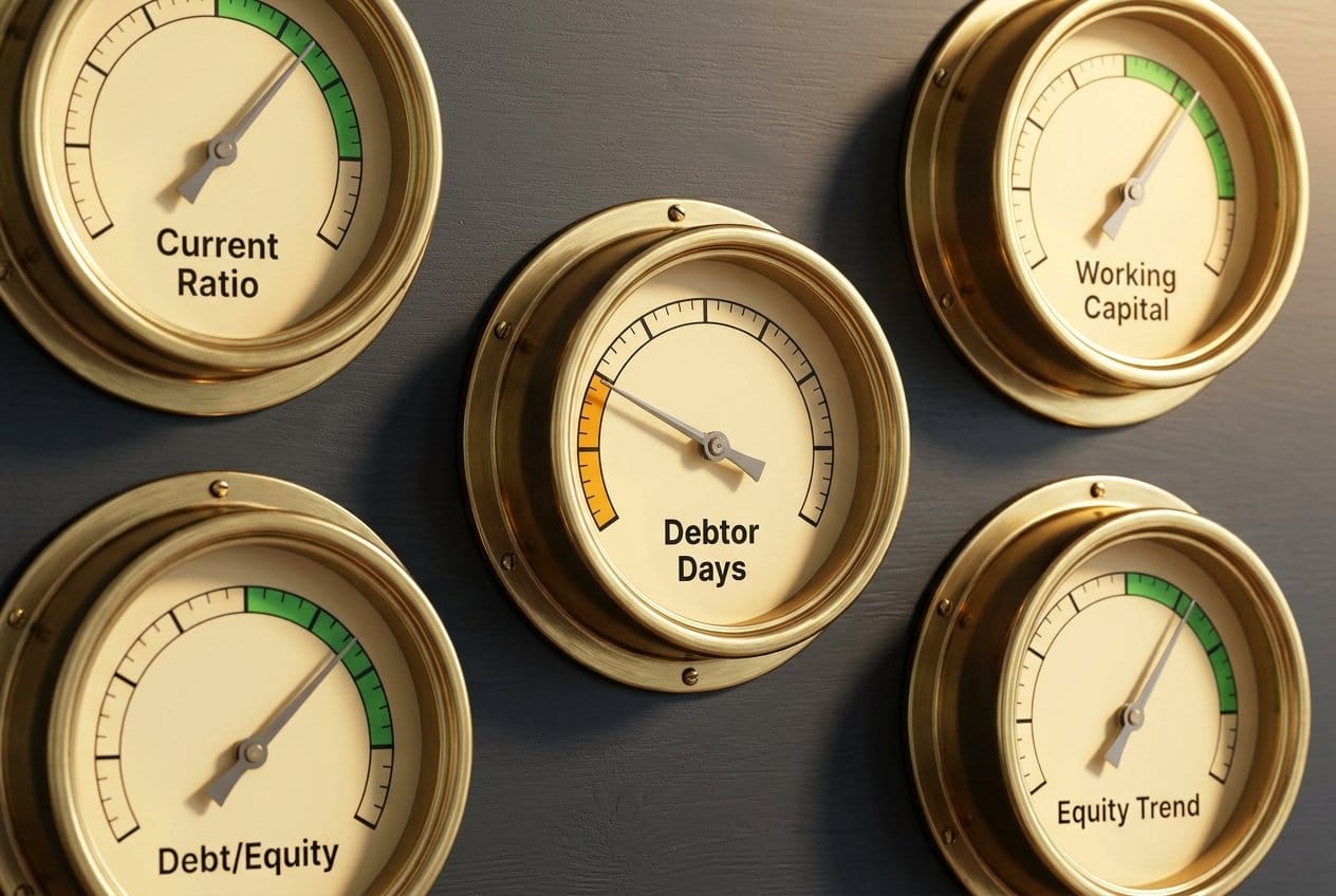 Close-up of a brass barometer showing Fair alongside a blue-framed tide gauge showing Low and Receding — representing debtors rising while cash stays flat or falls