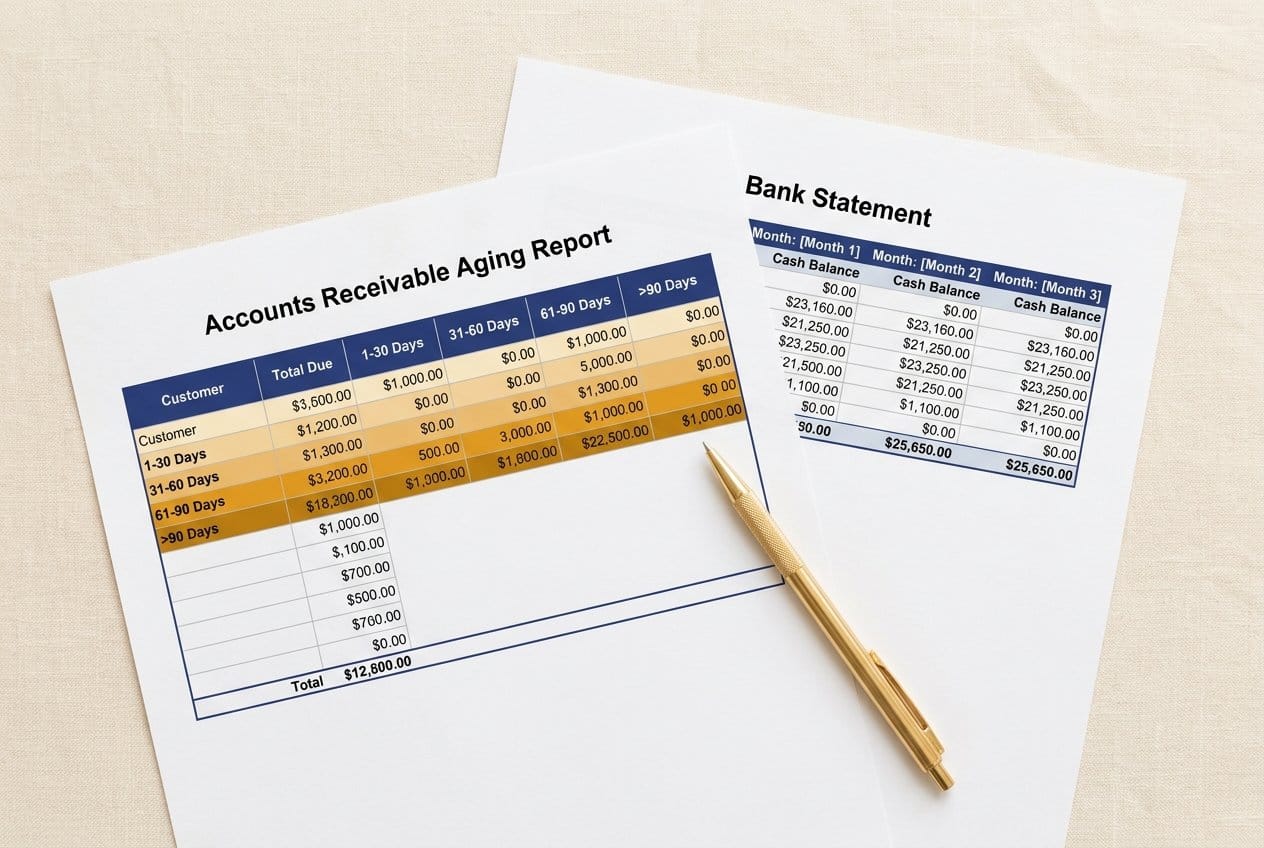 Five brass gauges labelled Current Ratio, Debtor Days, Working Capital, Debt/Equity and Equity Trend — the Debtor Days gauge needle points to the amber warning zone