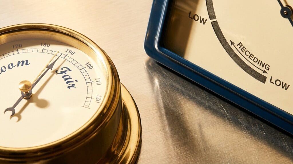 Balance sheet health check showing two instruments — barometer reading Fair and tide gauge showing receding — representing the gap between P&L performance and underlying financial signals