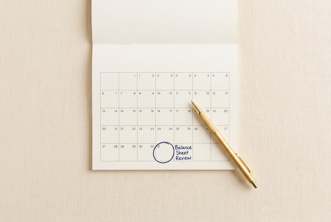 Monthly calendar flat lay on cream linen with date 31 circled in navy and the words Balance Sheet Review handwritten beside it, gold pen resting diagonally across the page
