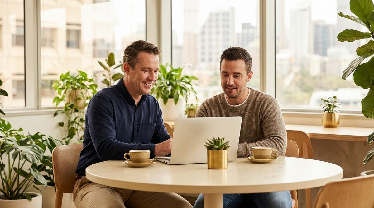 Sydney bookkeeper and business owner reviewing financials together in a plant-filled office