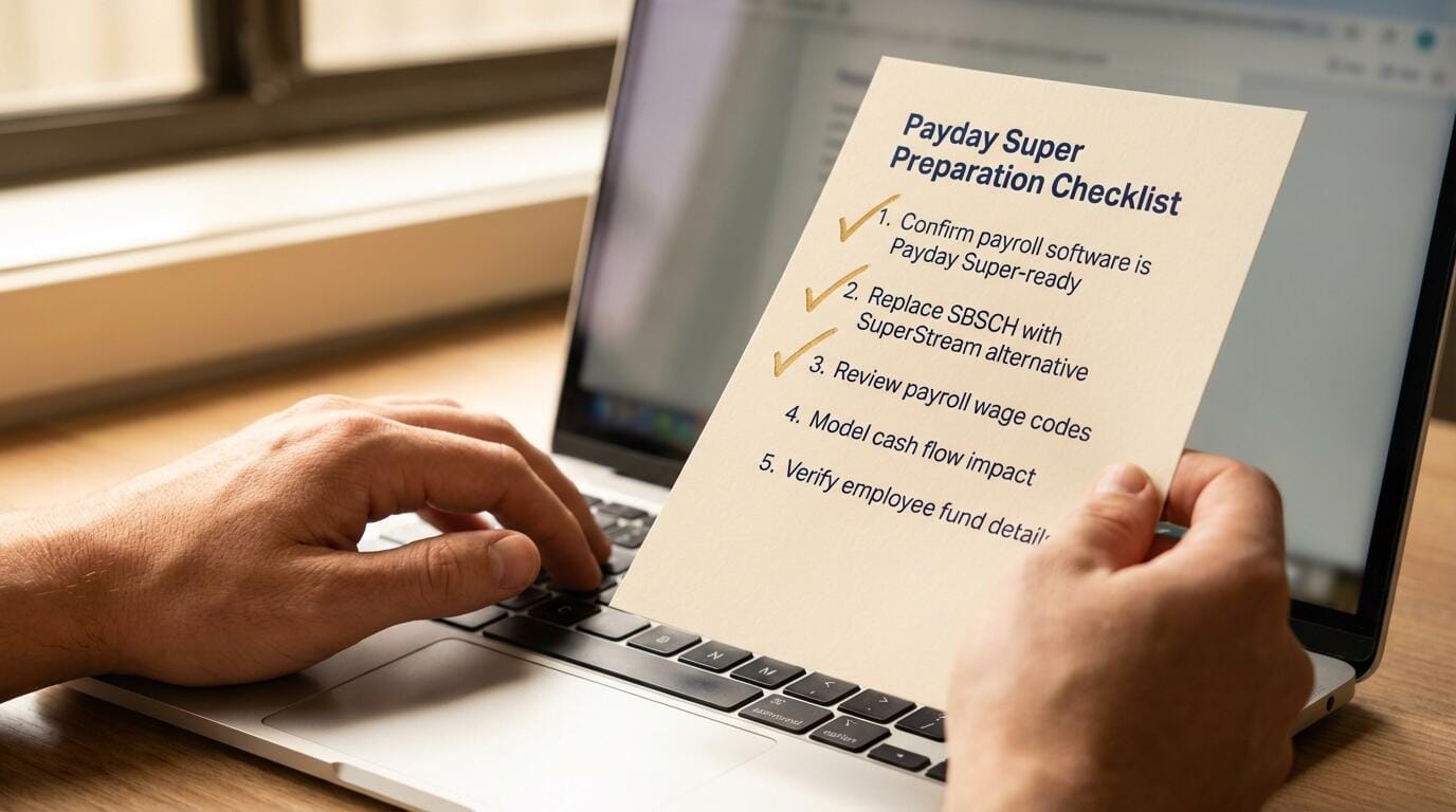 Payday Super Employer Preparation Checklist — 5 Steps Before July 2026 Hands holding a payday super preparation checklist with five steps beside a laptop — employer payroll review