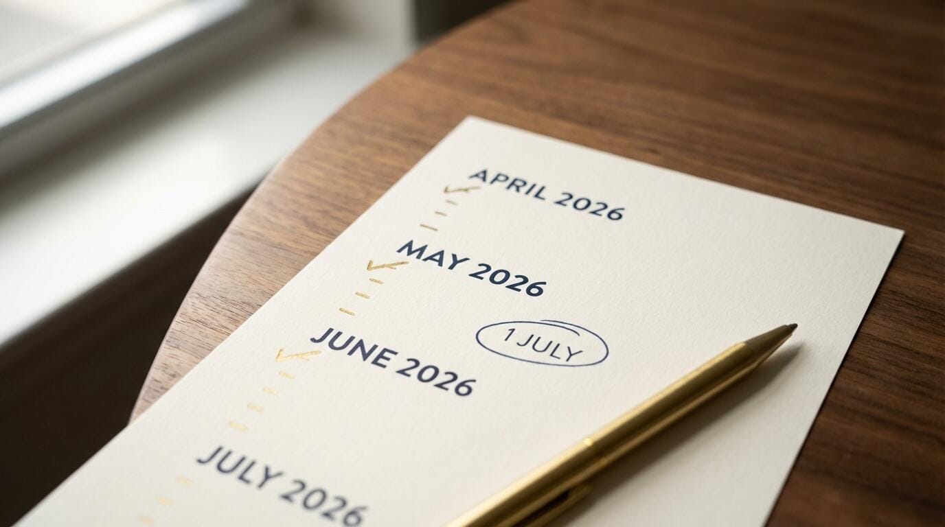 Payday Super Preparation Timeline — April to July 2026 Employer Action Plan Printed employer timeline showing April May June 2026 with gold tick marks and 1 July circled — payday super preparation