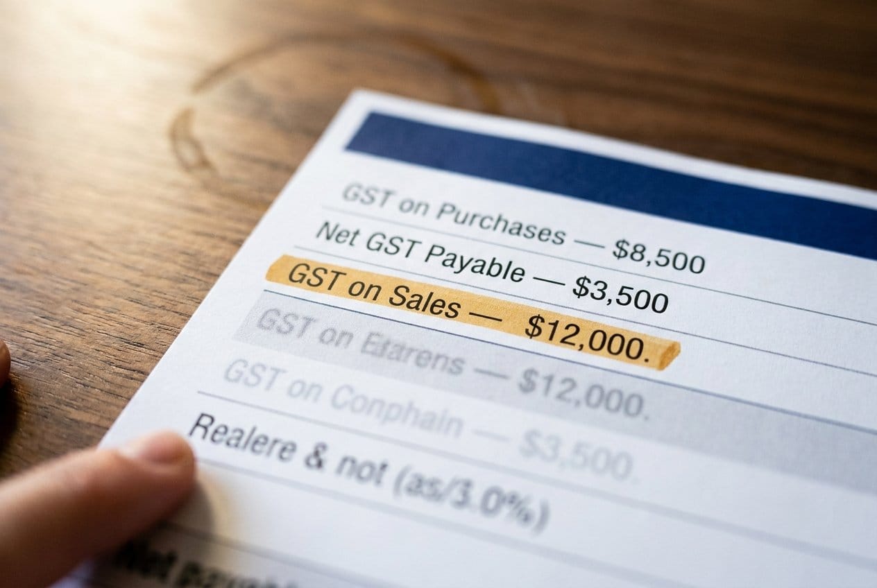Close-up of financial report with GST on sales figure highlighted in gold showing $12,000 on polished walnut desk