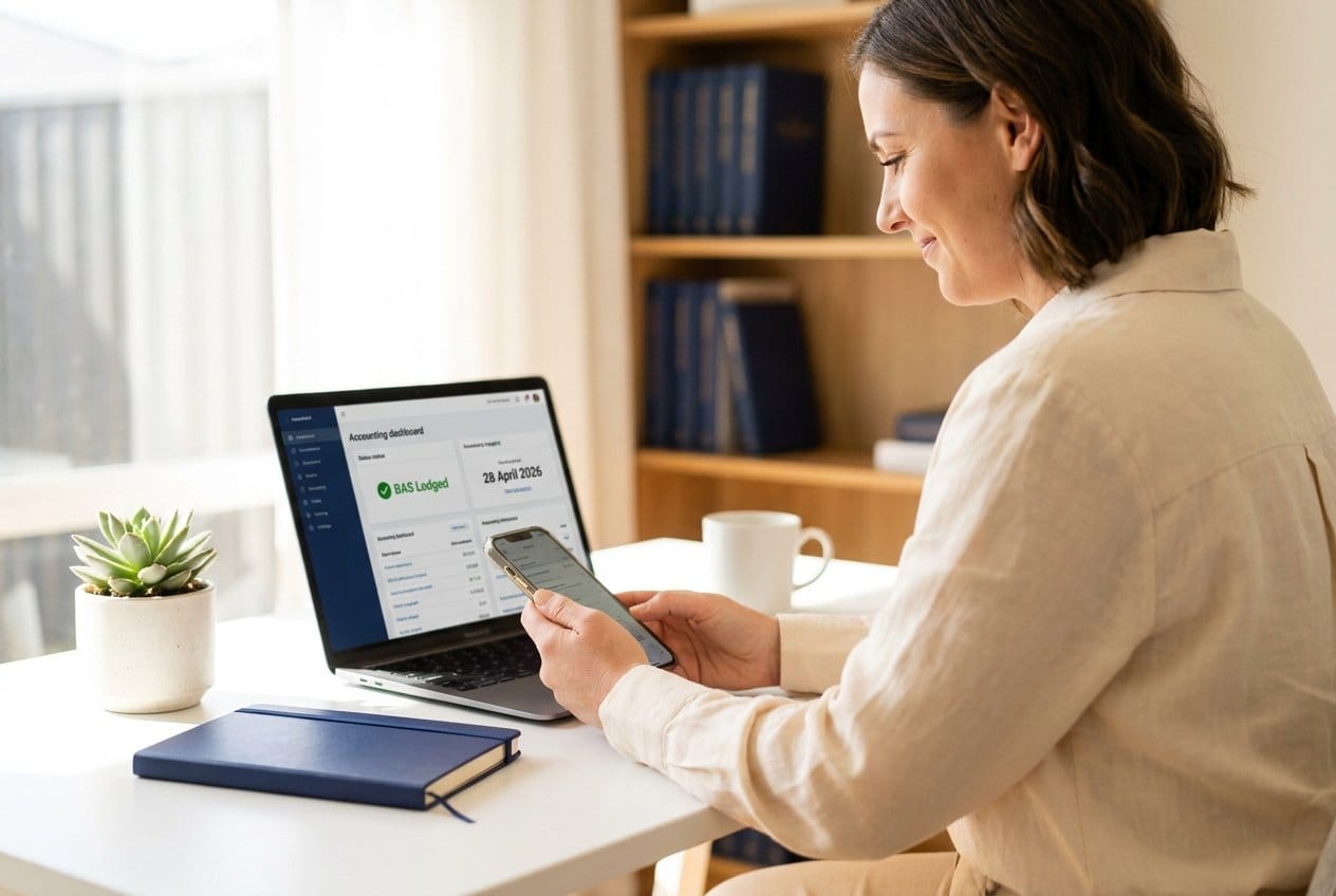 Business owner at desk with laptop showing BAS lodged status after using registered BAS agent Sydney
