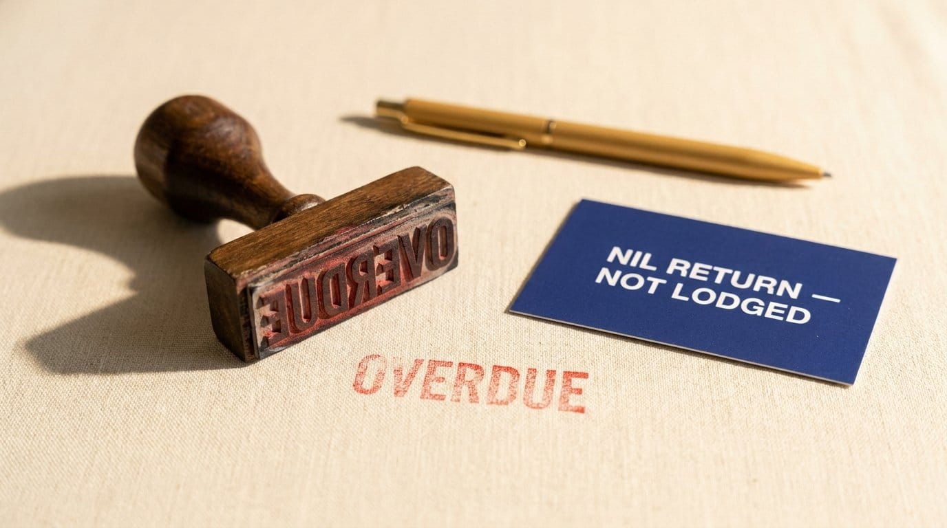 Vintage overdue rubber stamp with red ink impression and navy nil return card on cream linen surface representing BAS late lodgement penalty