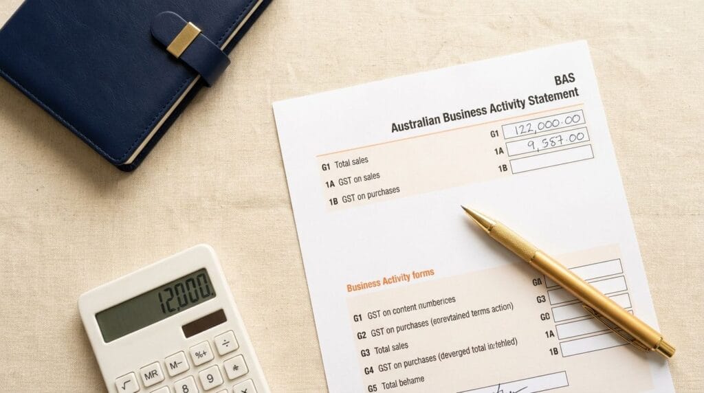 Partially completed Australian BAS form on cream linen surface with gold pen and calculator showing GST calculation
